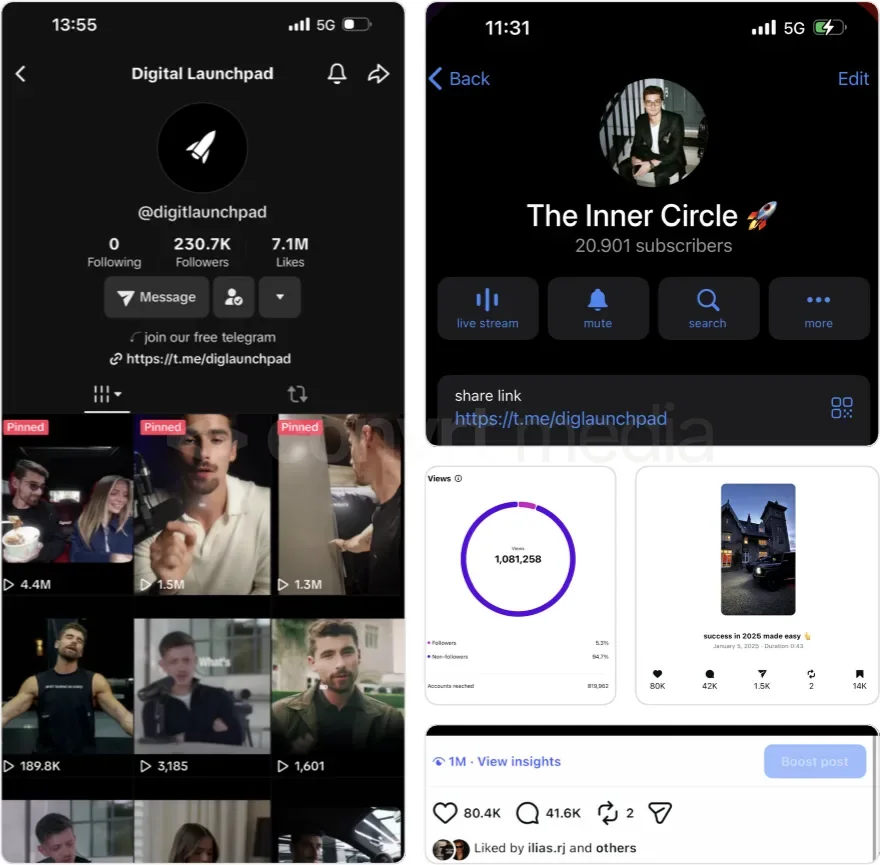 Landing page and account screenshots from the campaign.